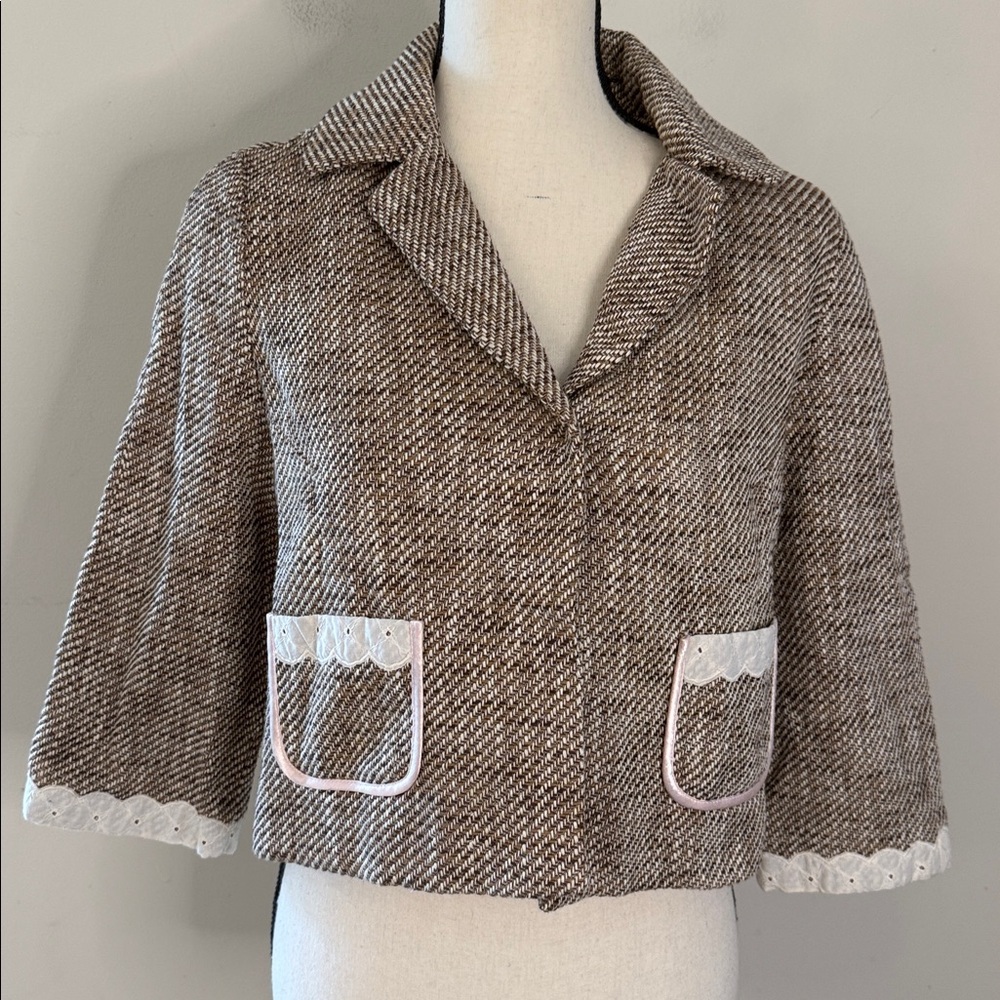 The Limited jacket Brown & Cream woven knot with  islet lace & pockets Size 8